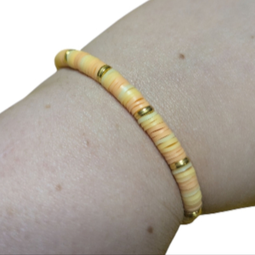 Handmade Beaded Bracelet Clay Beads Stretchy Gold Orange